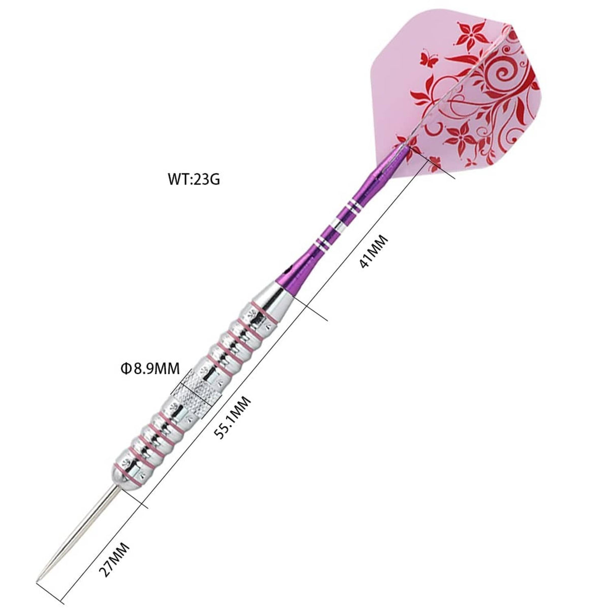 Single pink floral purple steel tip dart with silver barrel and wing flight
