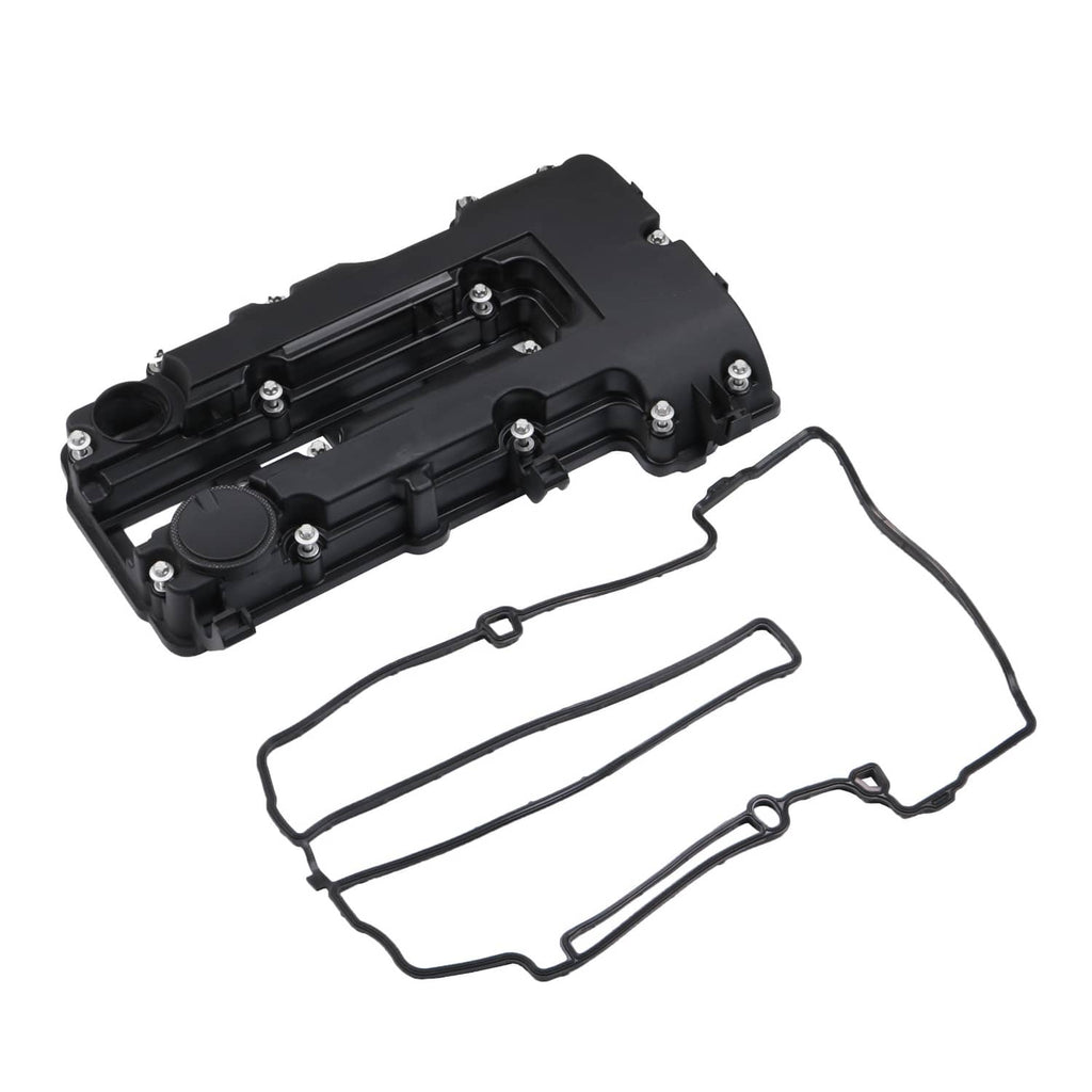 Black camshaft valve cover with gasket set, mounting bolts, and seal outlines