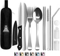 Portable travel silverware set with black zip case, stainless utensils and reusable straws