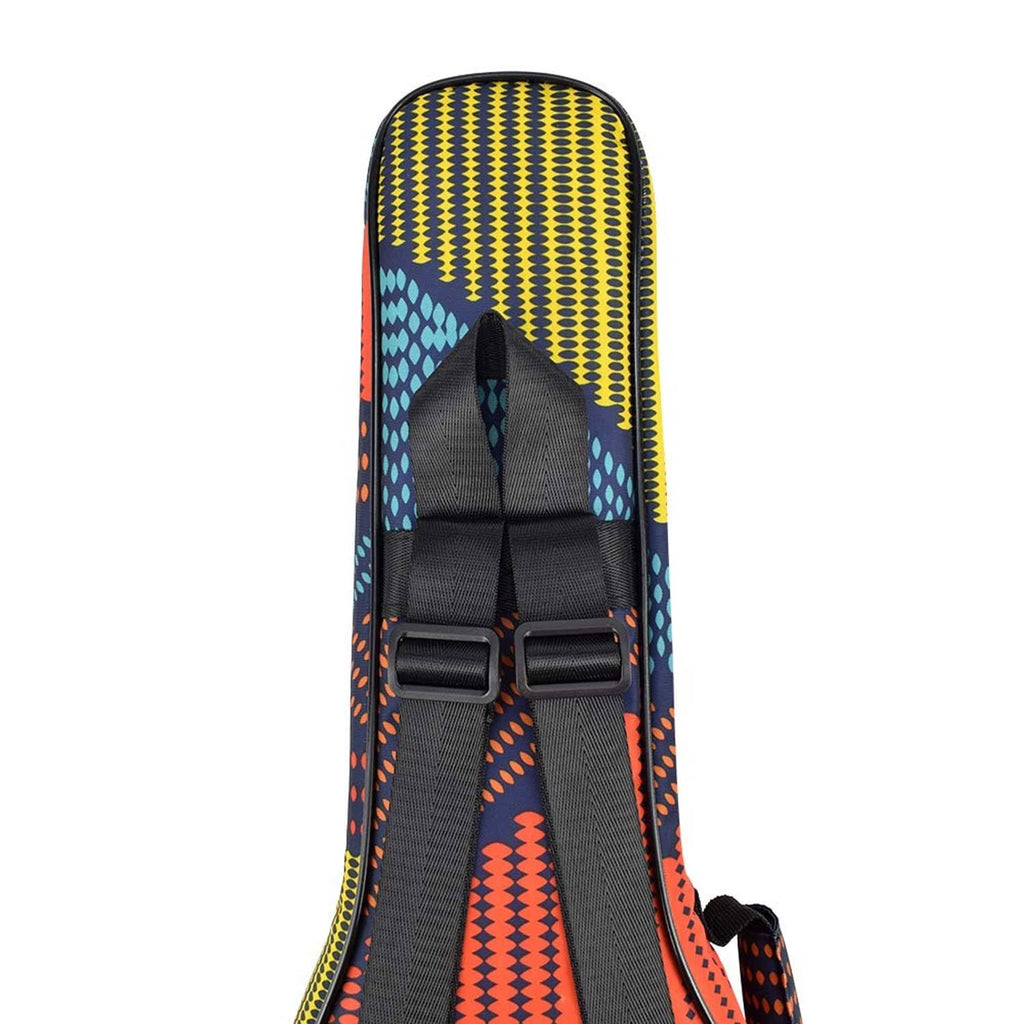 Top view of padded tenor ukulele gig bag with front strap buckles and handle