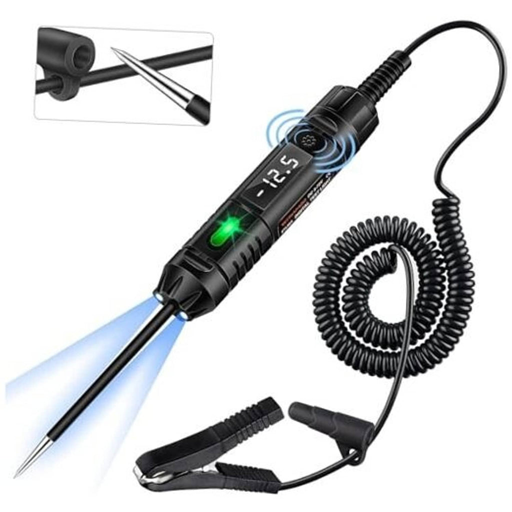 Handheld black digital DC circuit tester with dual probes, green LED indicator, cord