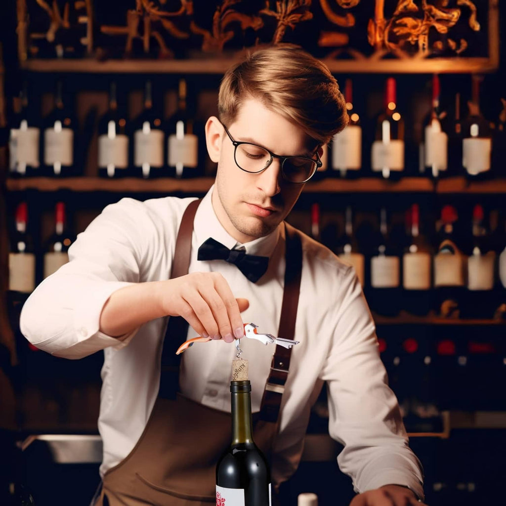 Bar wine service worker using a waiter corkscrew to open a bottle