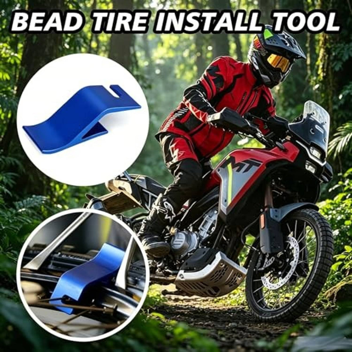 Blue tire bead install tool with oval cutout for motorcycle tire mounting