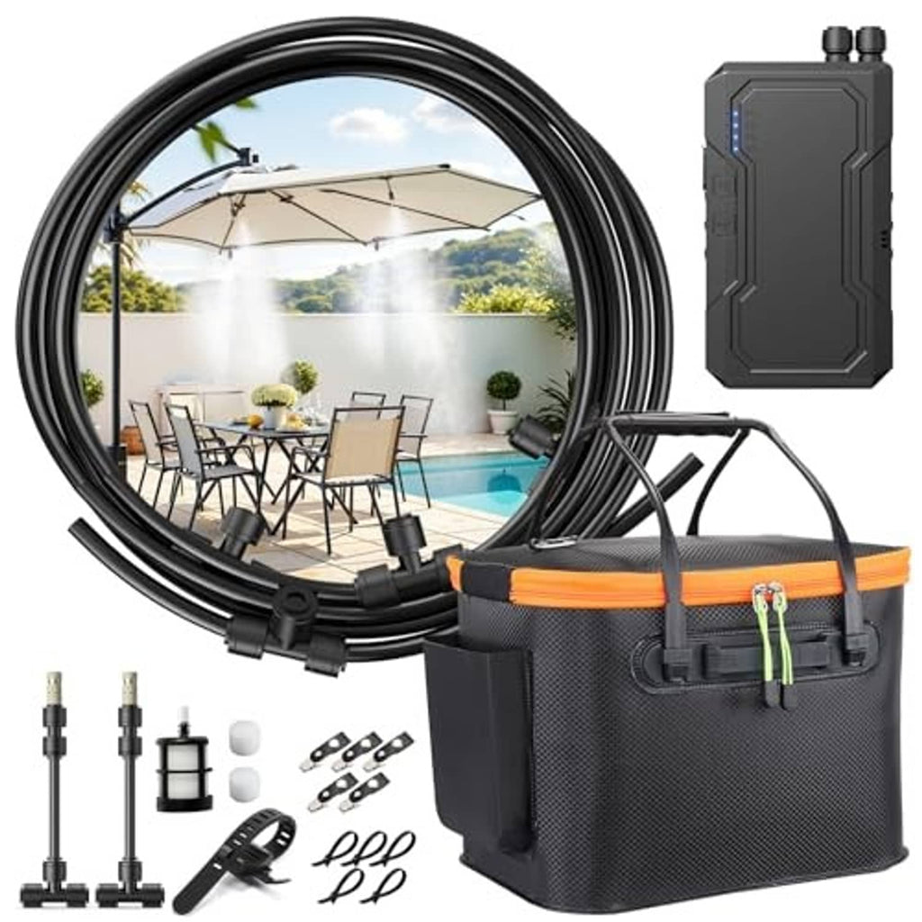 Portable outdoor misting system kit with coiled black hose, pump unit, and bundled accessories