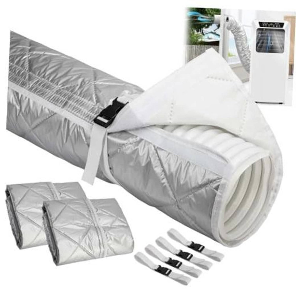 Silver quilted AC exhaust hose insulation cover set with adjustable buckle straps
