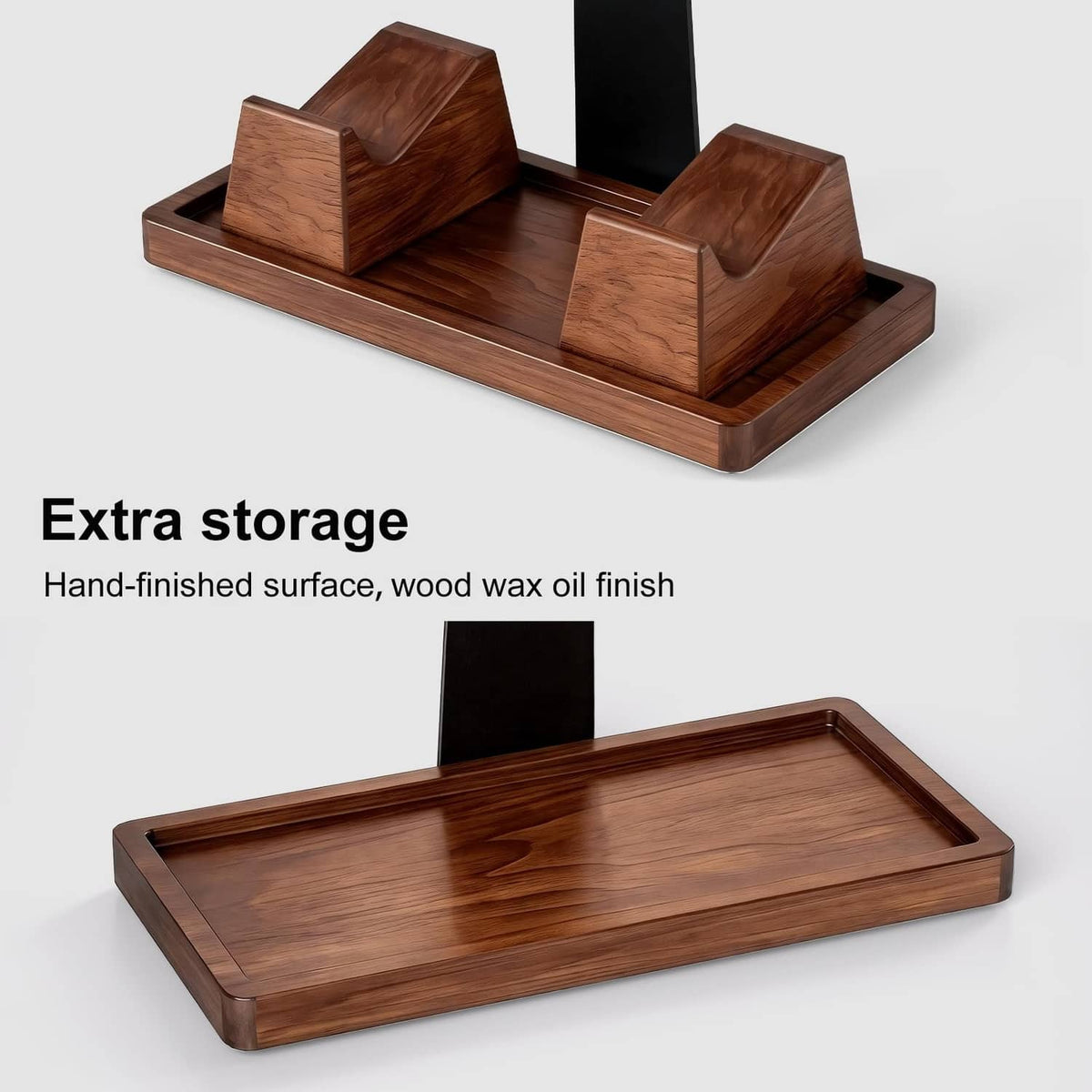 Solid wood headset stand with two controller holders and flat storage tray, dark metal support