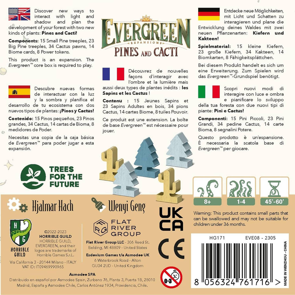 Evergreen Pines and Cacti expansion box back with component icons and details