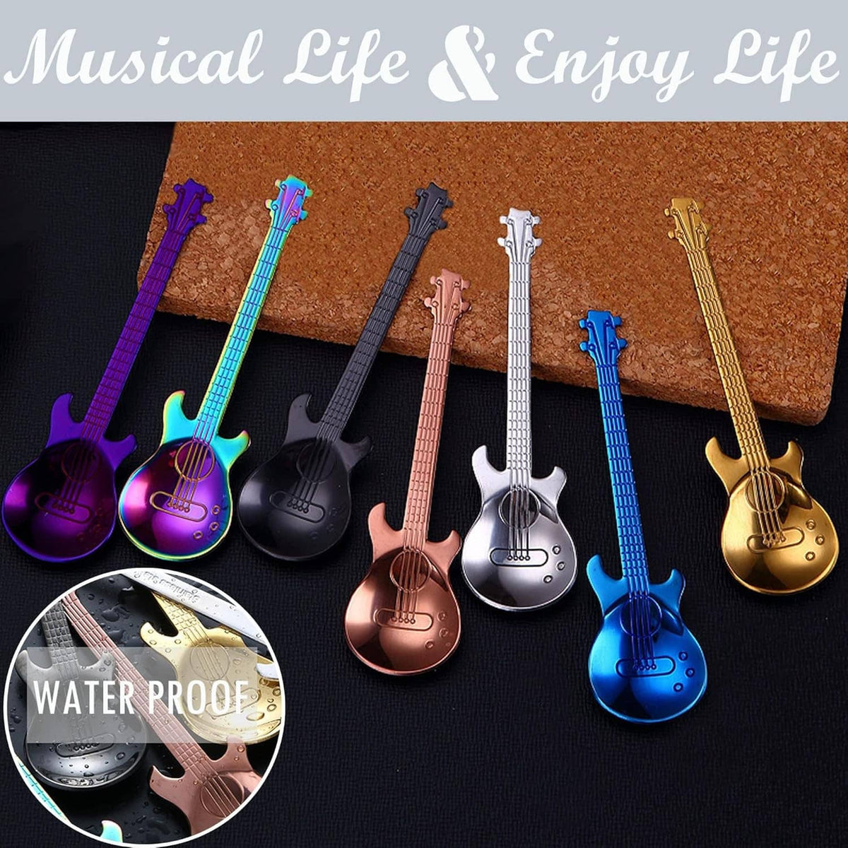 Musical guitar-shaped spoons set on corkboard with silver bottle opener