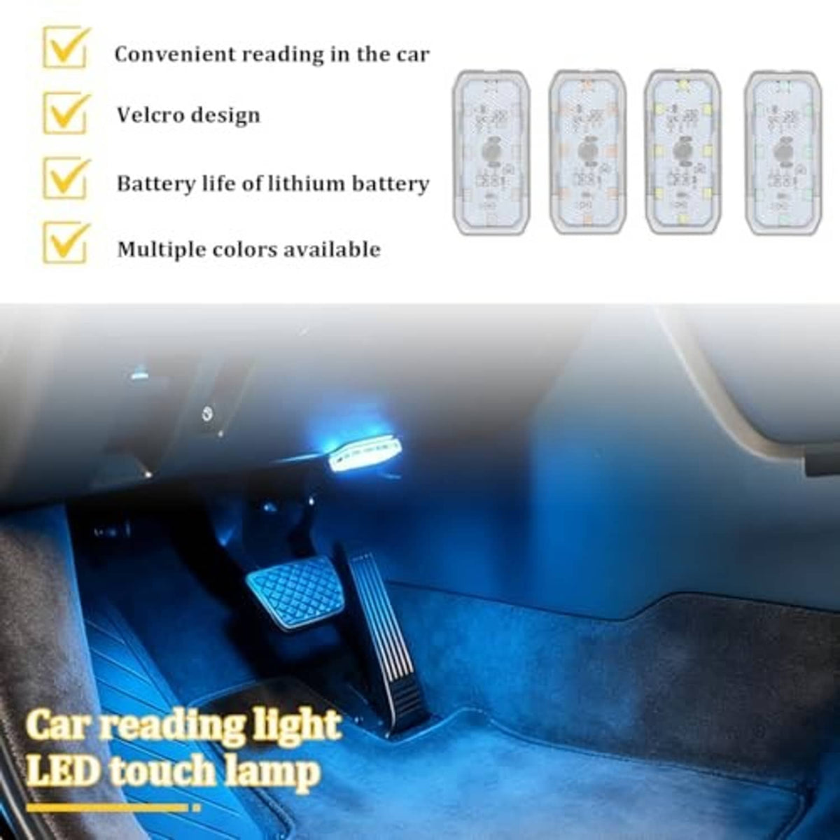 Set of four magnetic LED car ambient lights, ice blue glow, clear translucent cases
