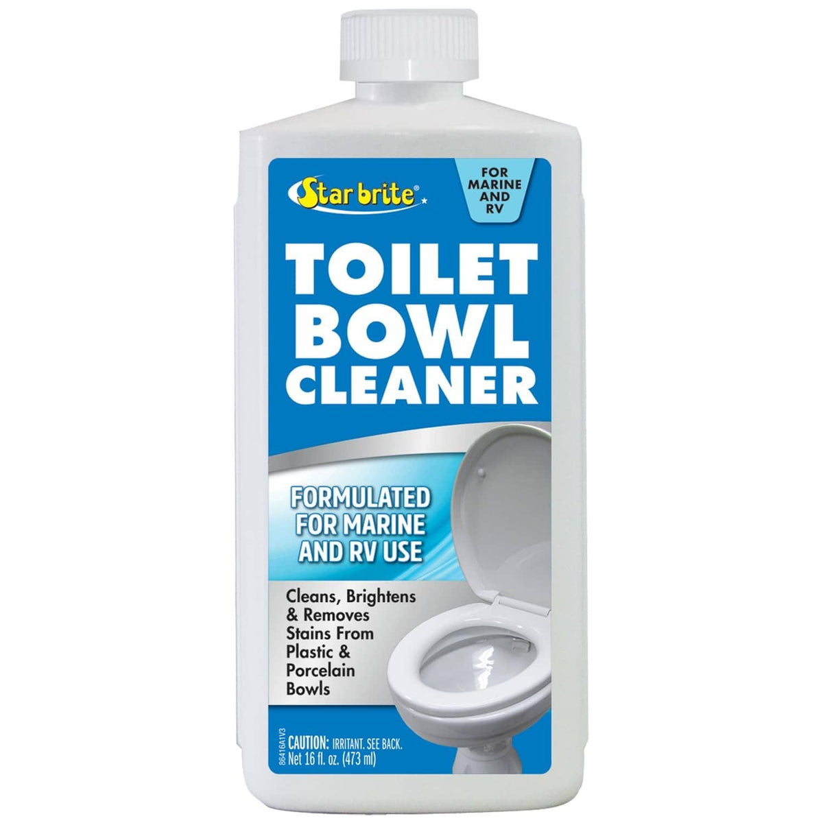 Star Brite toilet bowl cleaner bottle, white cap, front label with toilet graphic.