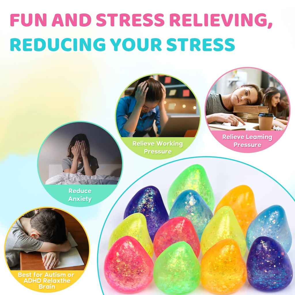 Glittery water-droplet squishy stress balls in bright colors, 12-pack set.