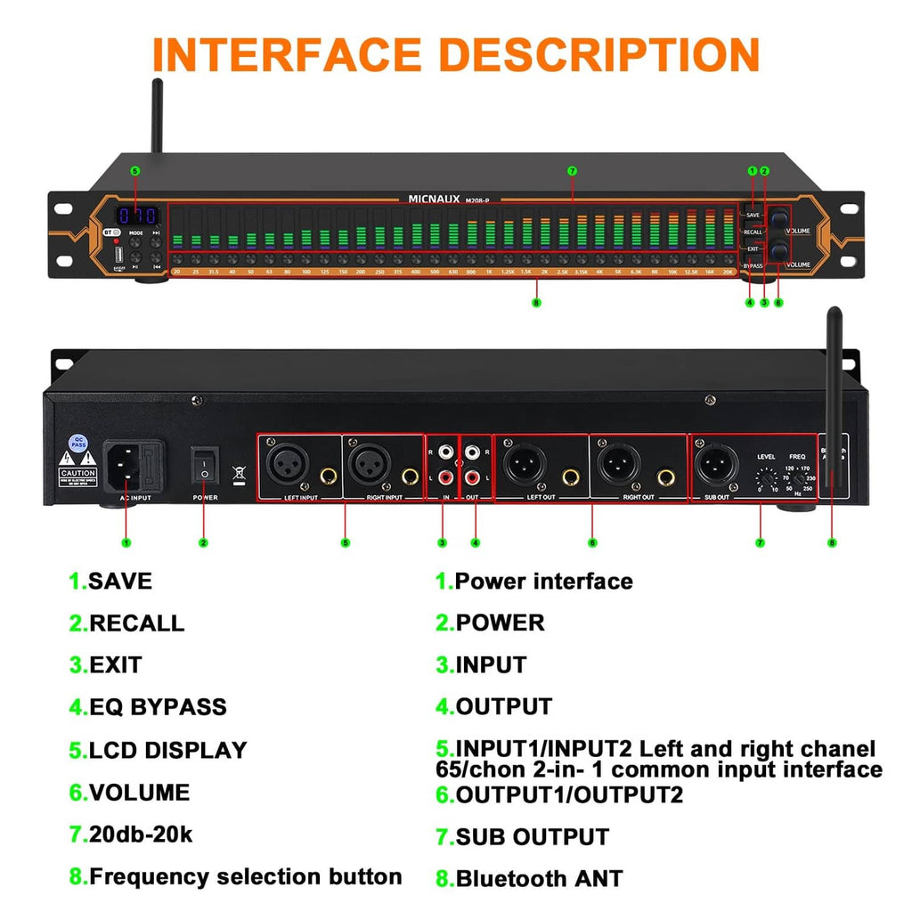 Audio equalizer front and rear connectivity ports with labeled interfaces