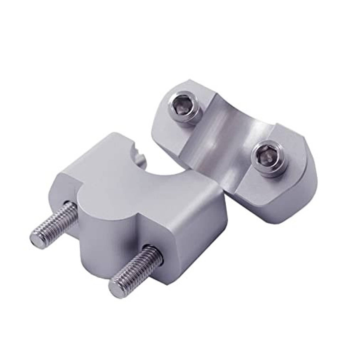 Silver CNC aluminum handlebar riser clamp pieces with bolt holes and threads