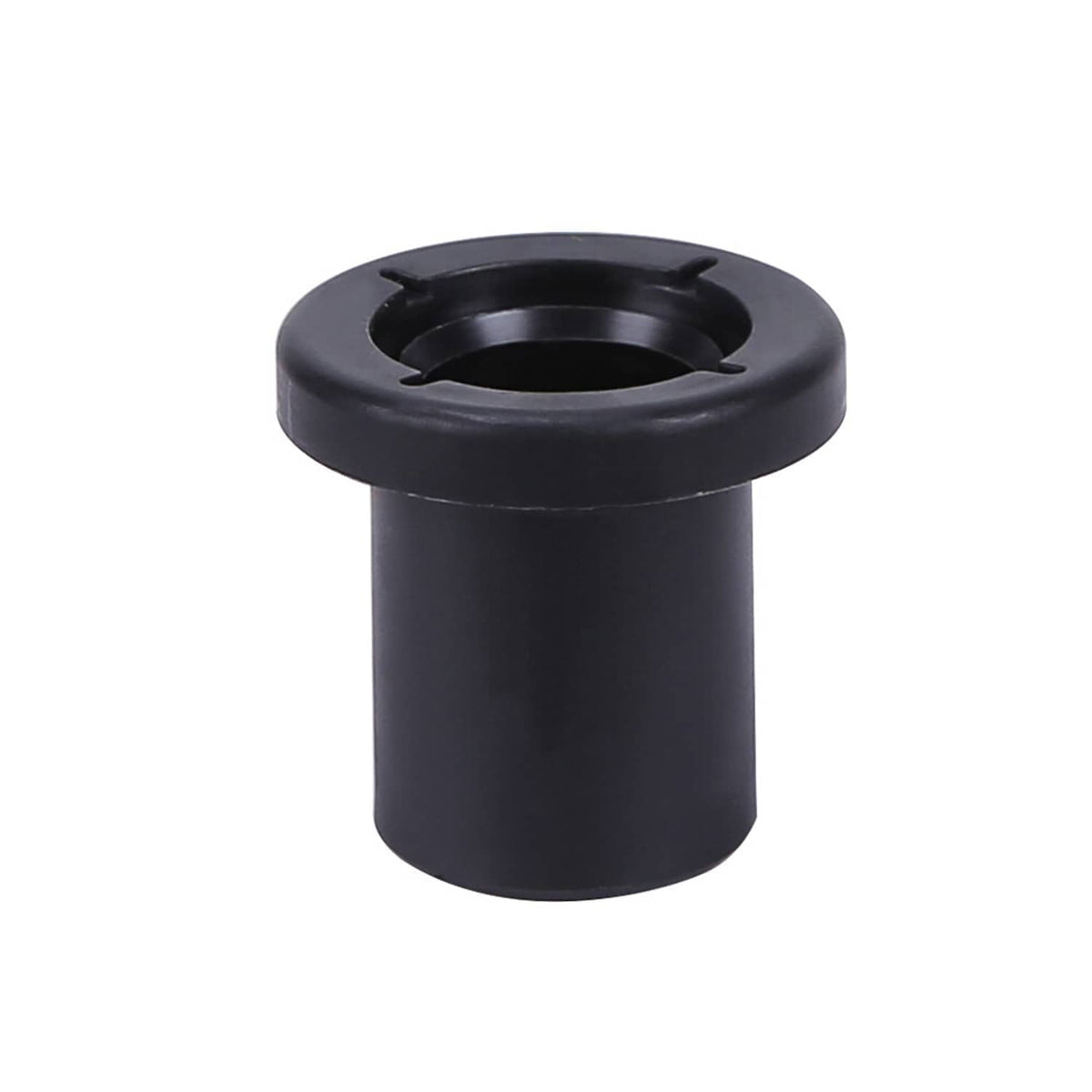 Single black A-arm bushing, cylindrical rubber piece with center hole and top lip