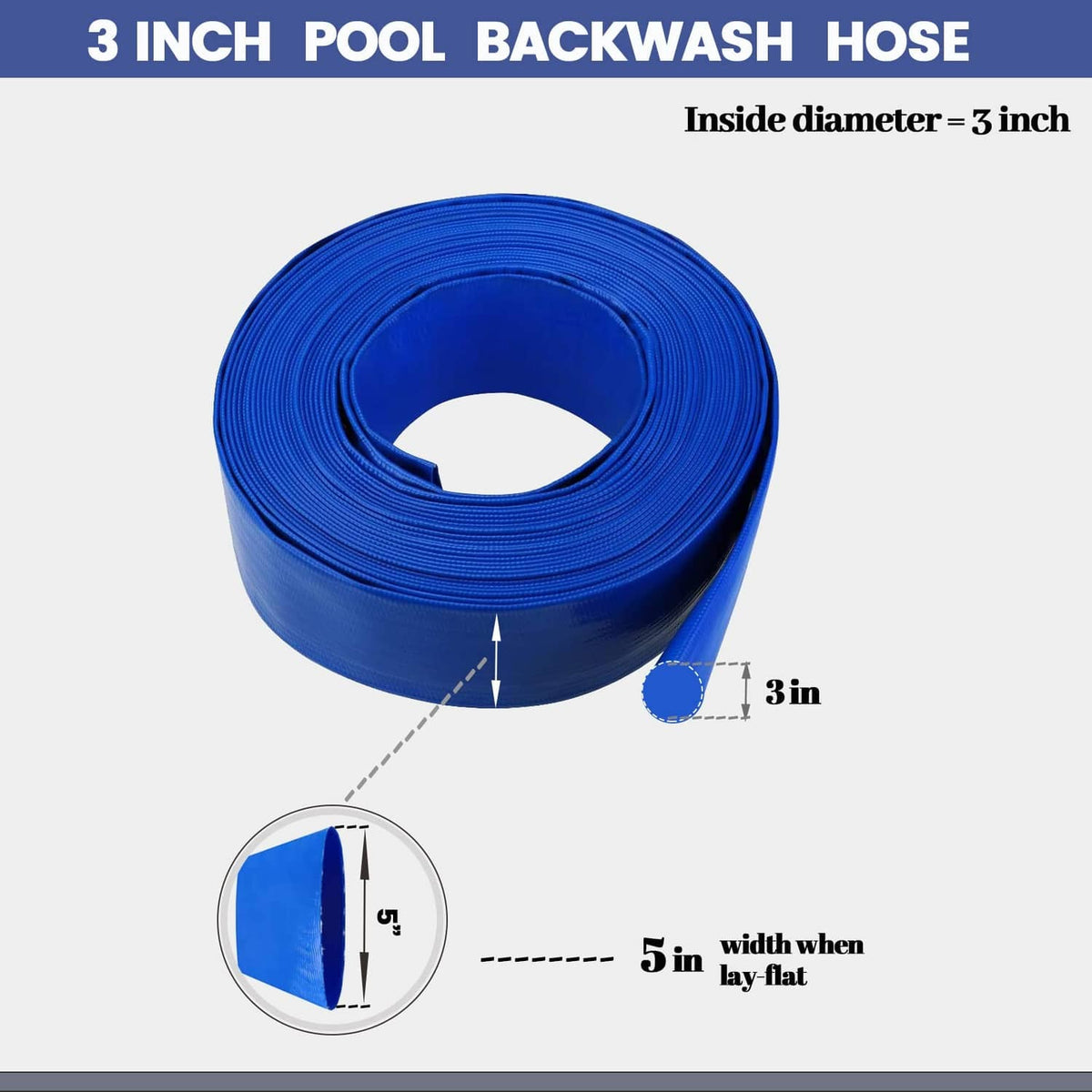 Coiled blue pool backwash hose with open end and short offshoot tube