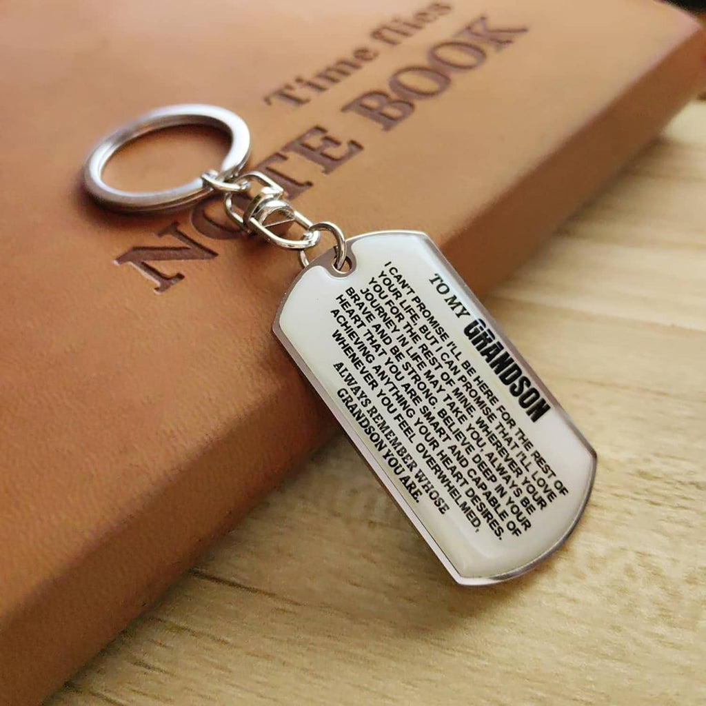 Silver dog-tag keychain with engraved inspirational message and keyring