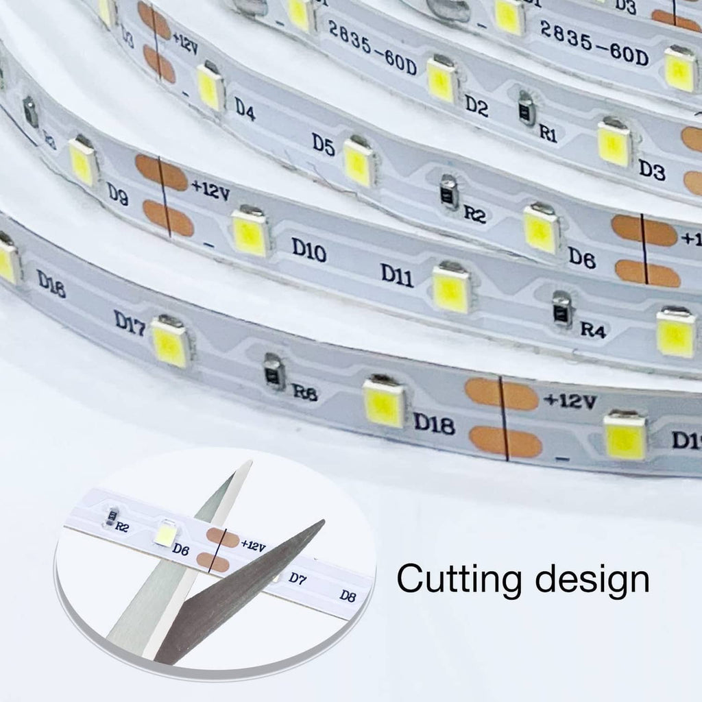 Close-up of white LED strip with labeled cut points and circuit markers