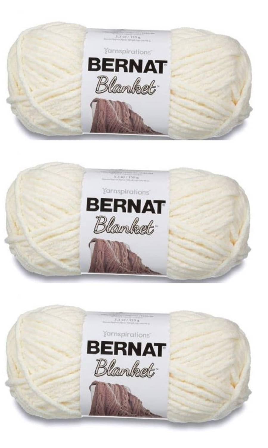 White Bernat Blanket super bulky yarn skeins, three-pack on display