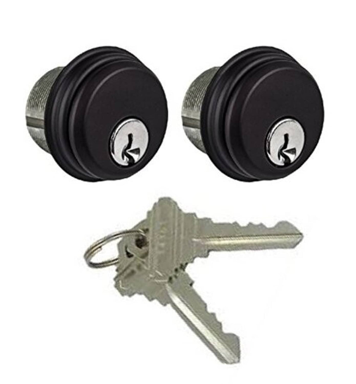 Pair of keyed cylinder locks with two keys, dark round knobs and keyway emblem
