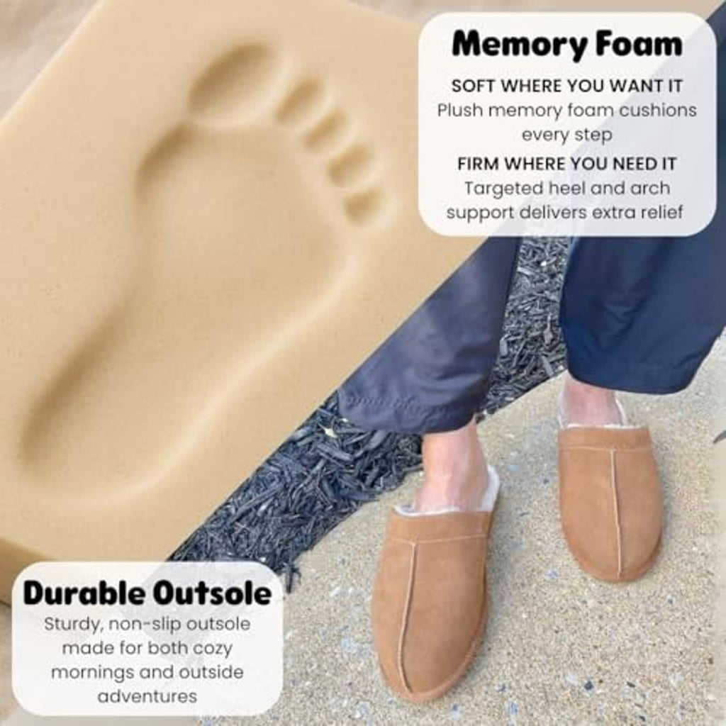 Chestnut suede scuff slipper with cushioned insole and flexible, textured sole
