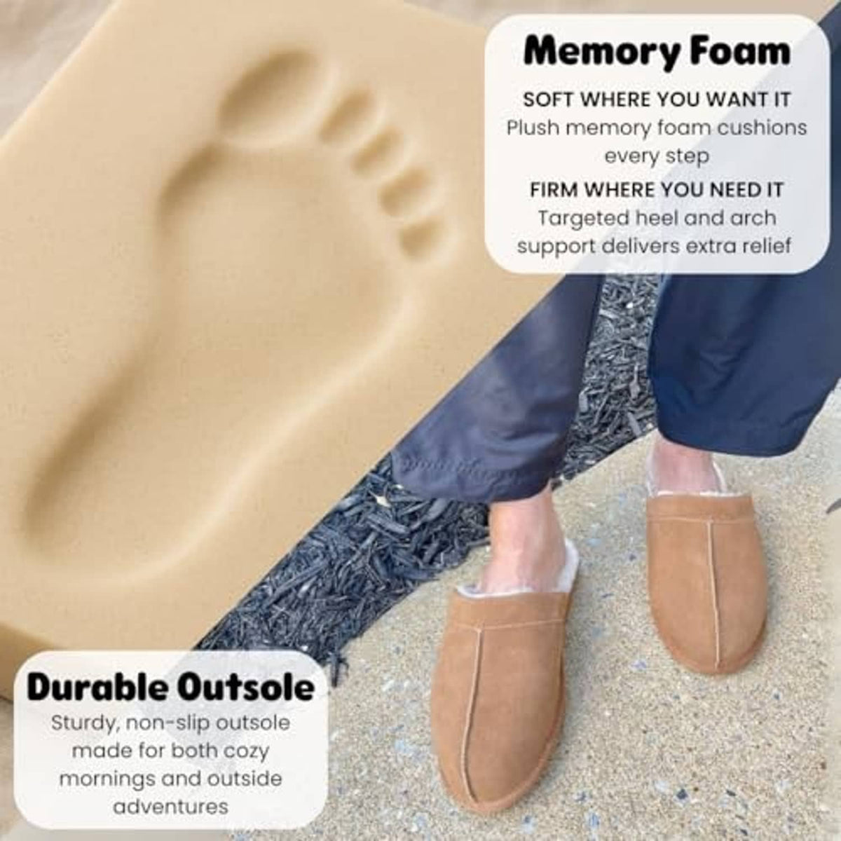 Chestnut suede scuff slipper with cushioned insole and flexible, textured sole