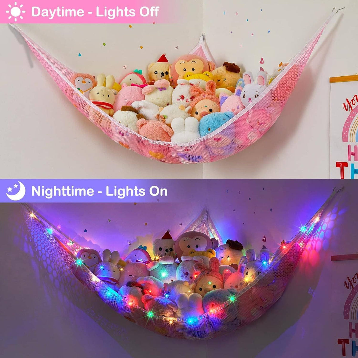Plush animal hammock net with toys, colorful LED lights on and off