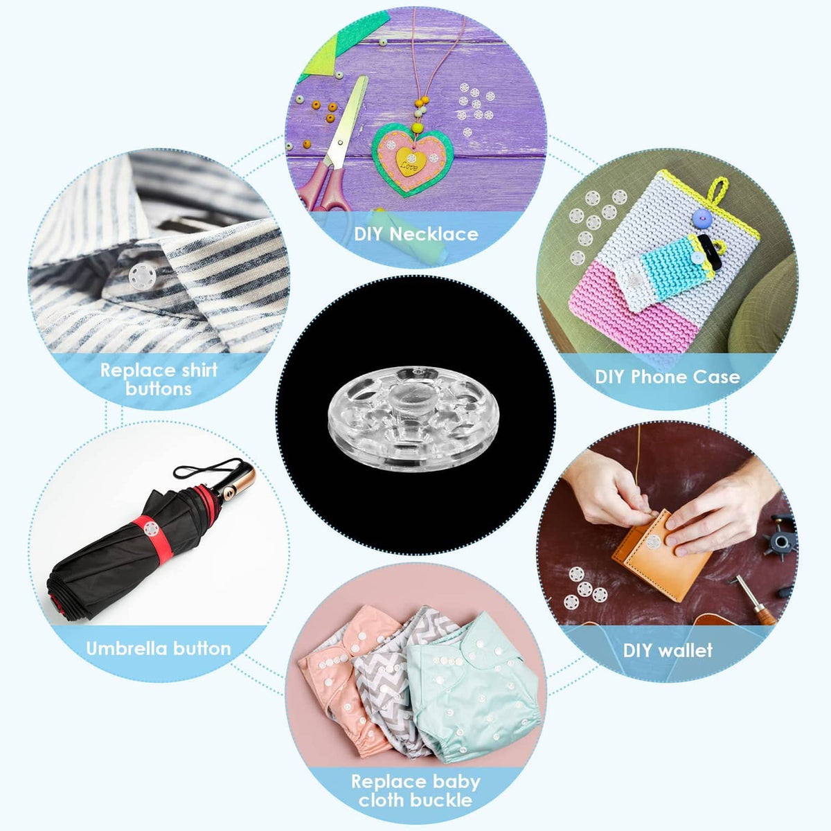Clear plastic sew-on snap fasteners used for DIY clothing and craft repairs