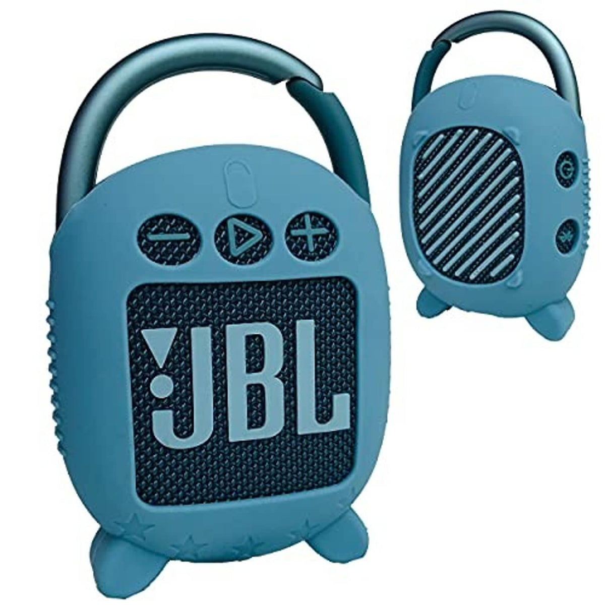 Blue silicone speaker cover case with handle and front grille cutout