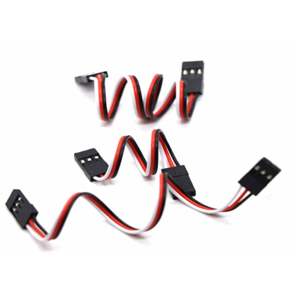 RC servo extension cables with curled wiring and black male plugs, red/white/black leads