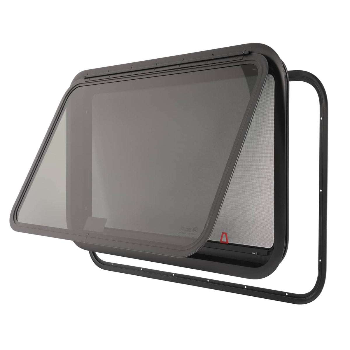 RV exit window with hinged dark tinted glass panel and black outer frame