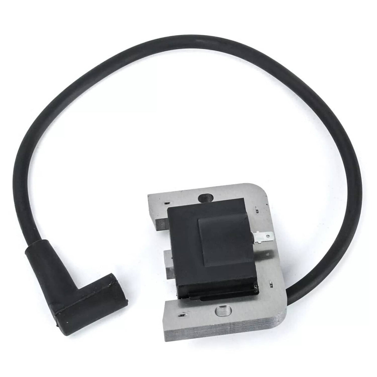 Ignition module with black coil and black wire lead, gray mounting plate, end view