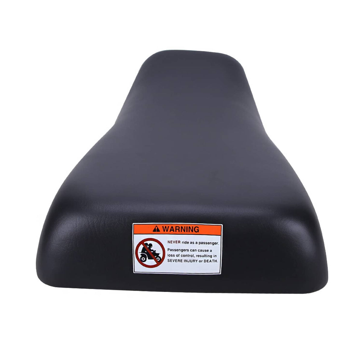 Black ATV seat with warning label on underside of contoured cushion