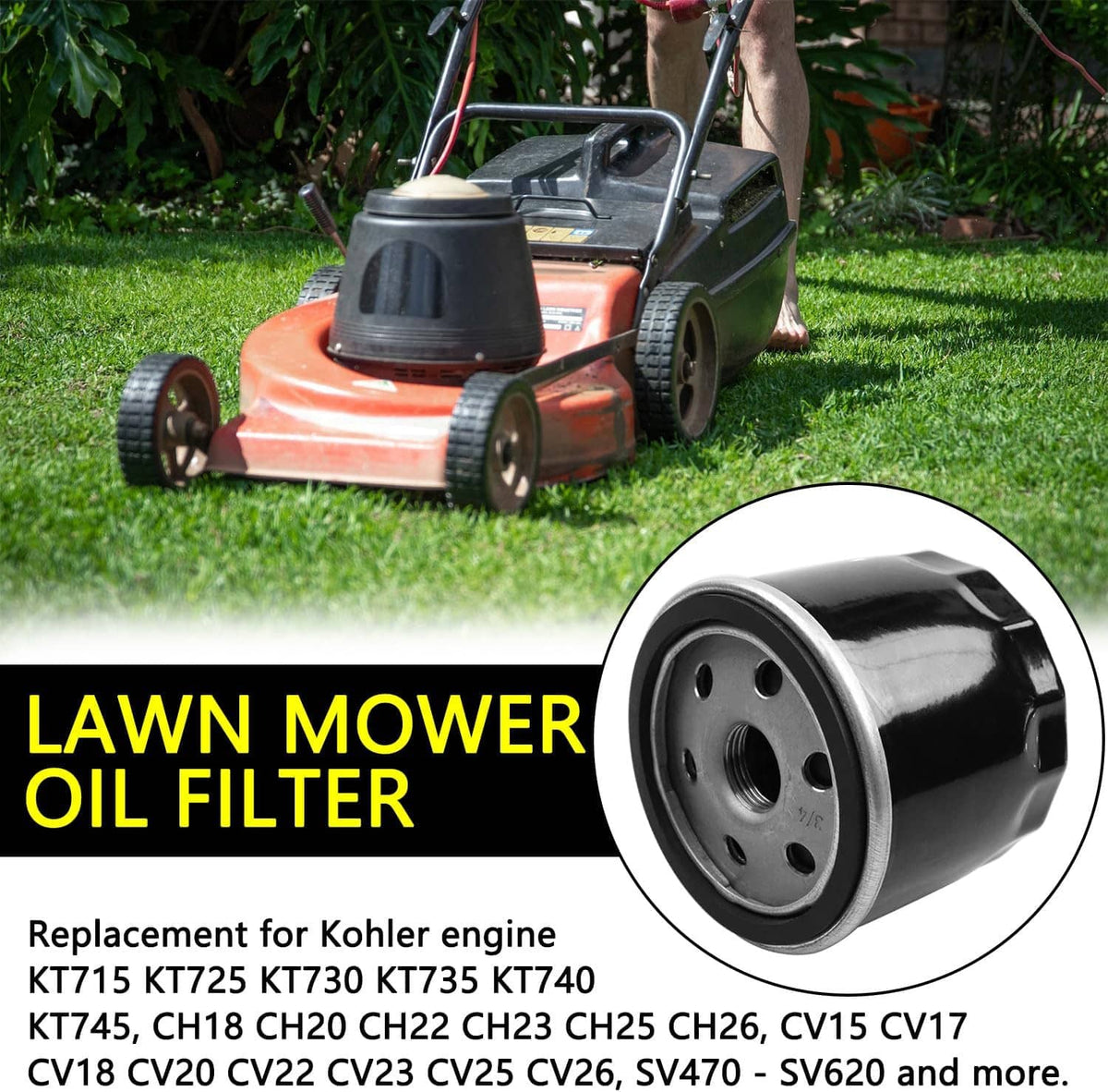 Lawn mower oil filter: black cylinder with metal top rim and threaded center port