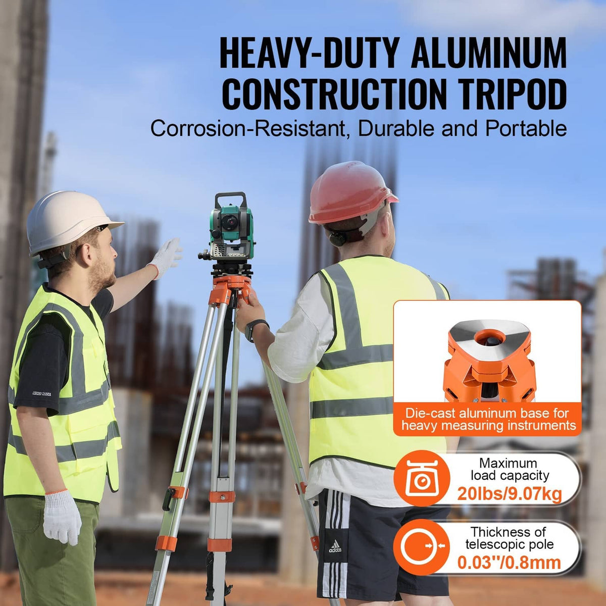 Laser level tripod stand with aluminum legs and orange locking clamps, set up outdoors.
