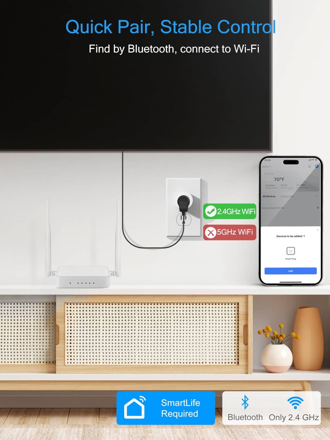 White smart outlet adapter plugged into a wall outlet with two-prong plug and blue status LED
