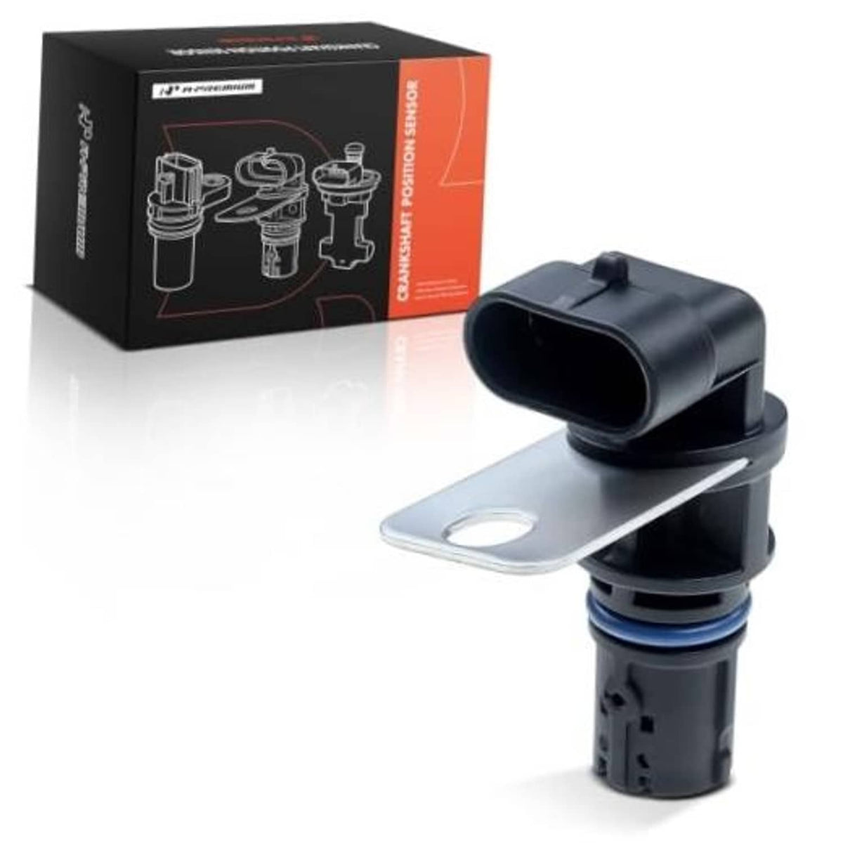 Engine crankshaft position sensor with metal bracket and black electrical connector