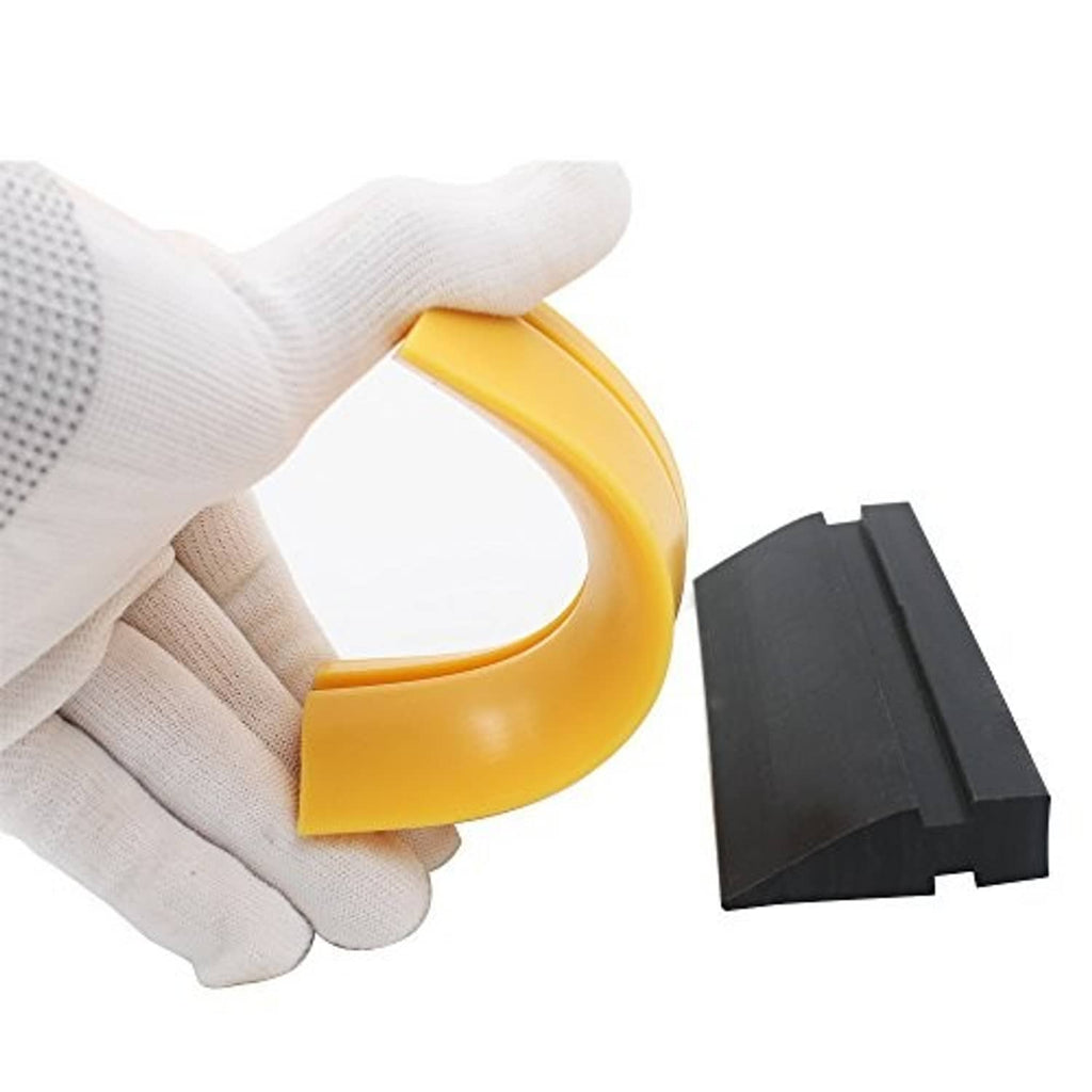 Soft rubber squeegee blade held by glove, yellow blade with black base