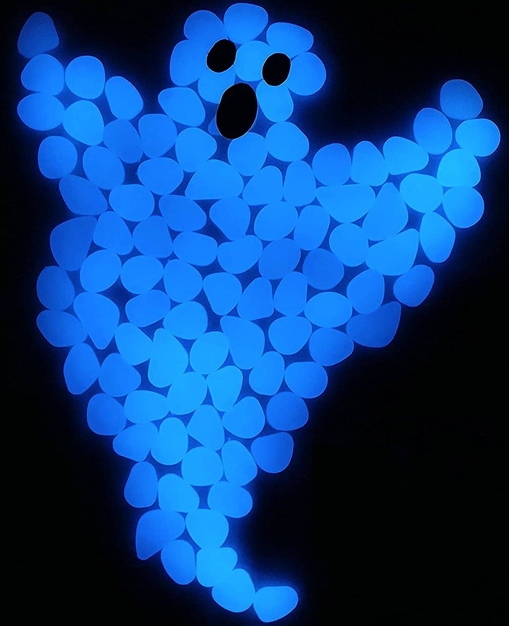 Blue glow stones shaped into a glowing silhouette on a dark background
