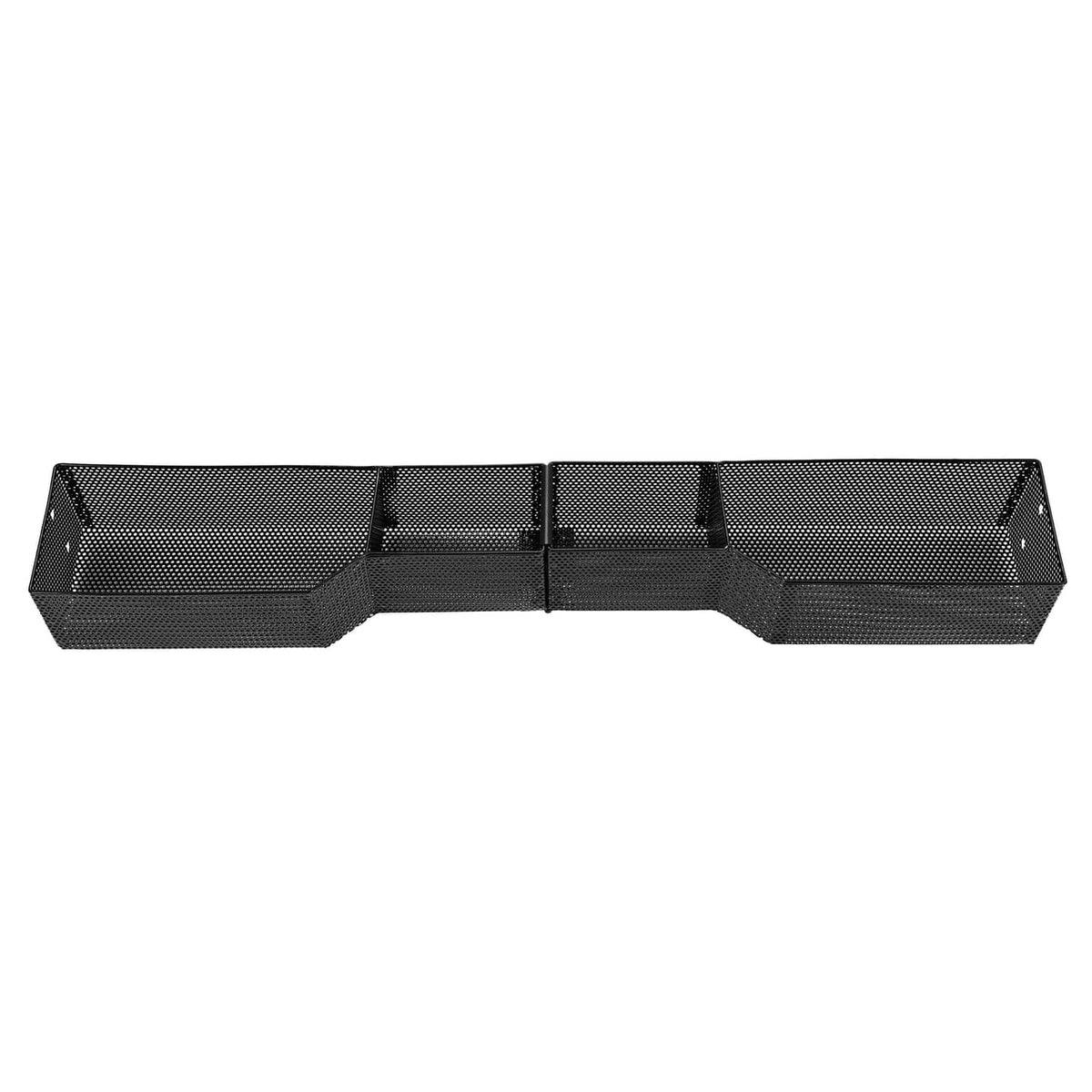 Black perforated mesh golf cart front storage tray with raised compartments
