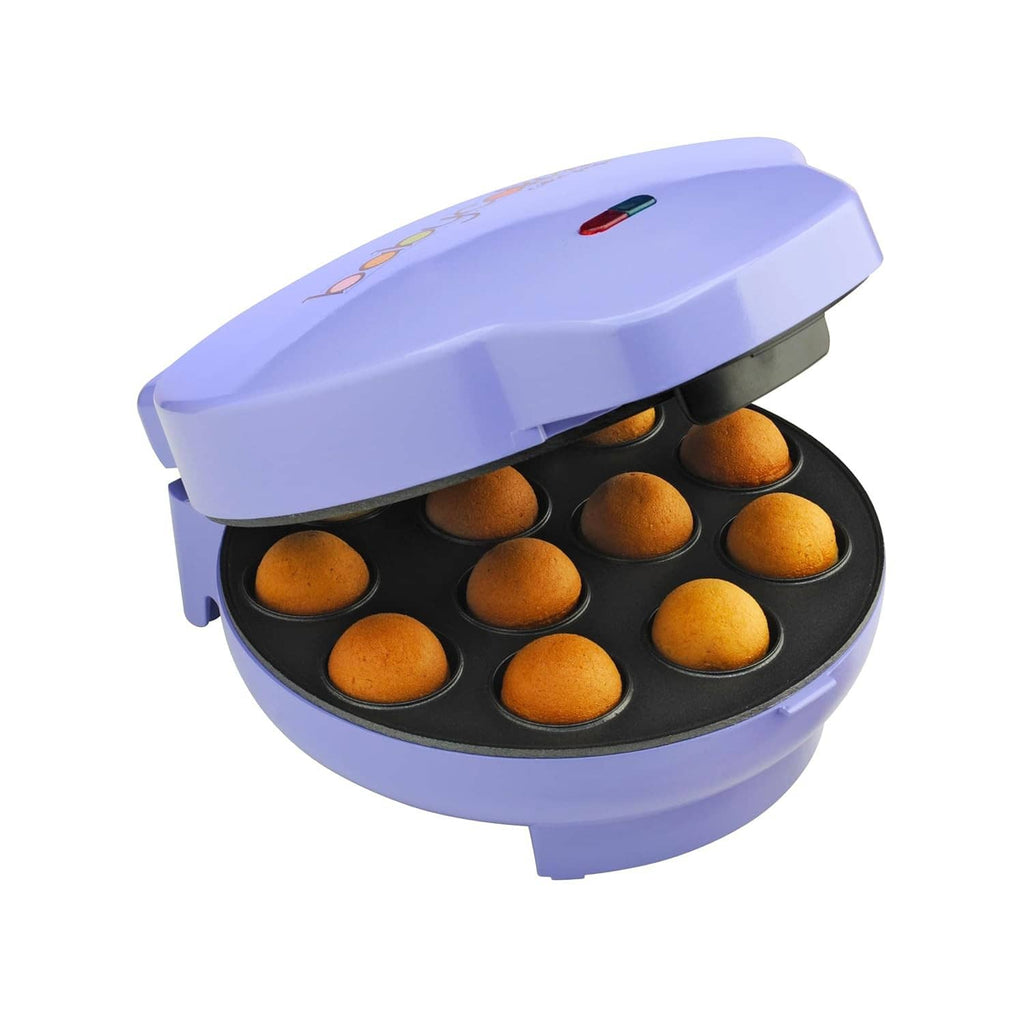 Lavender cake pop maker with open lid, black base tray with 12 golden cake balls
