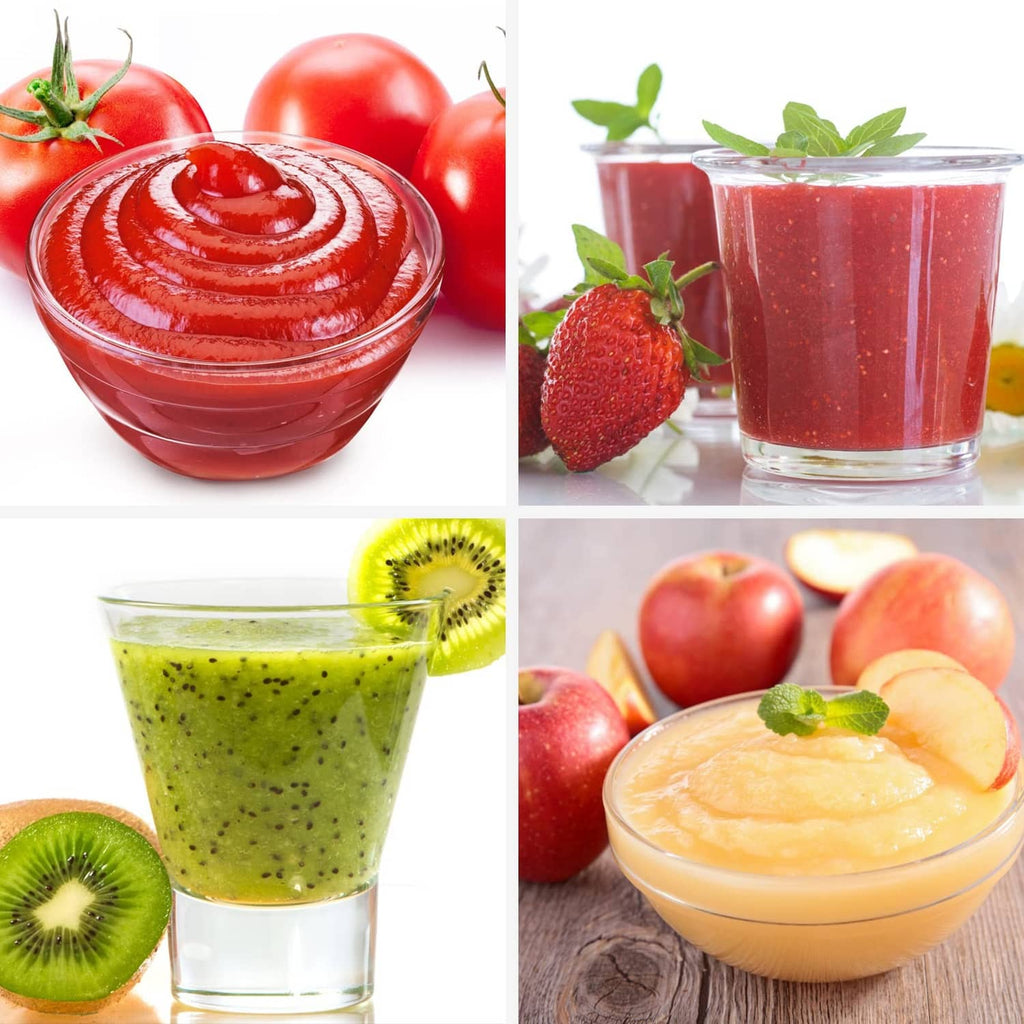 Fruit and vegetable purees in cups: red tomato, strawberry, kiwi, and peach