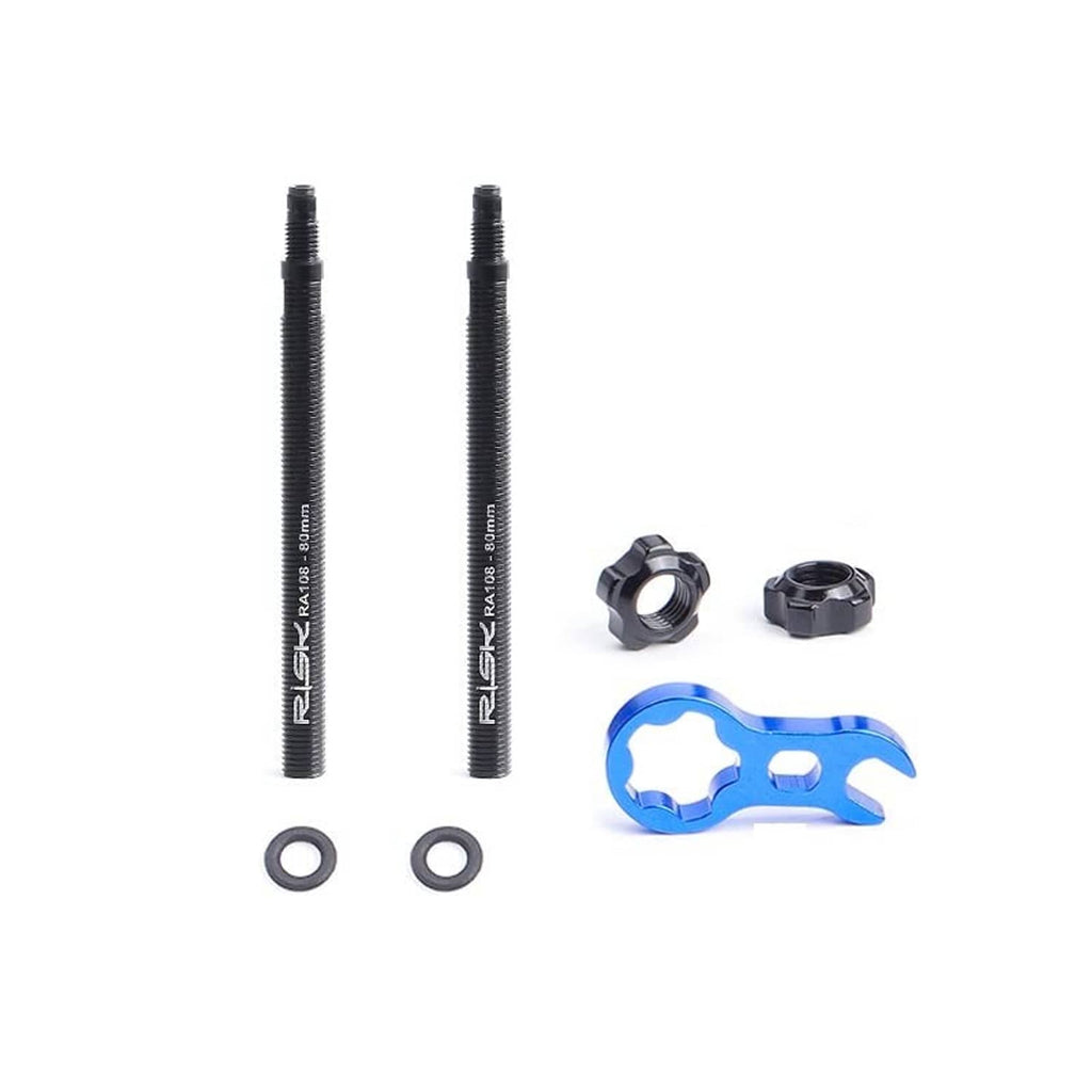 Pack of 2 Presta tubeless valve extenders, black 80mm stems with blue installation tool