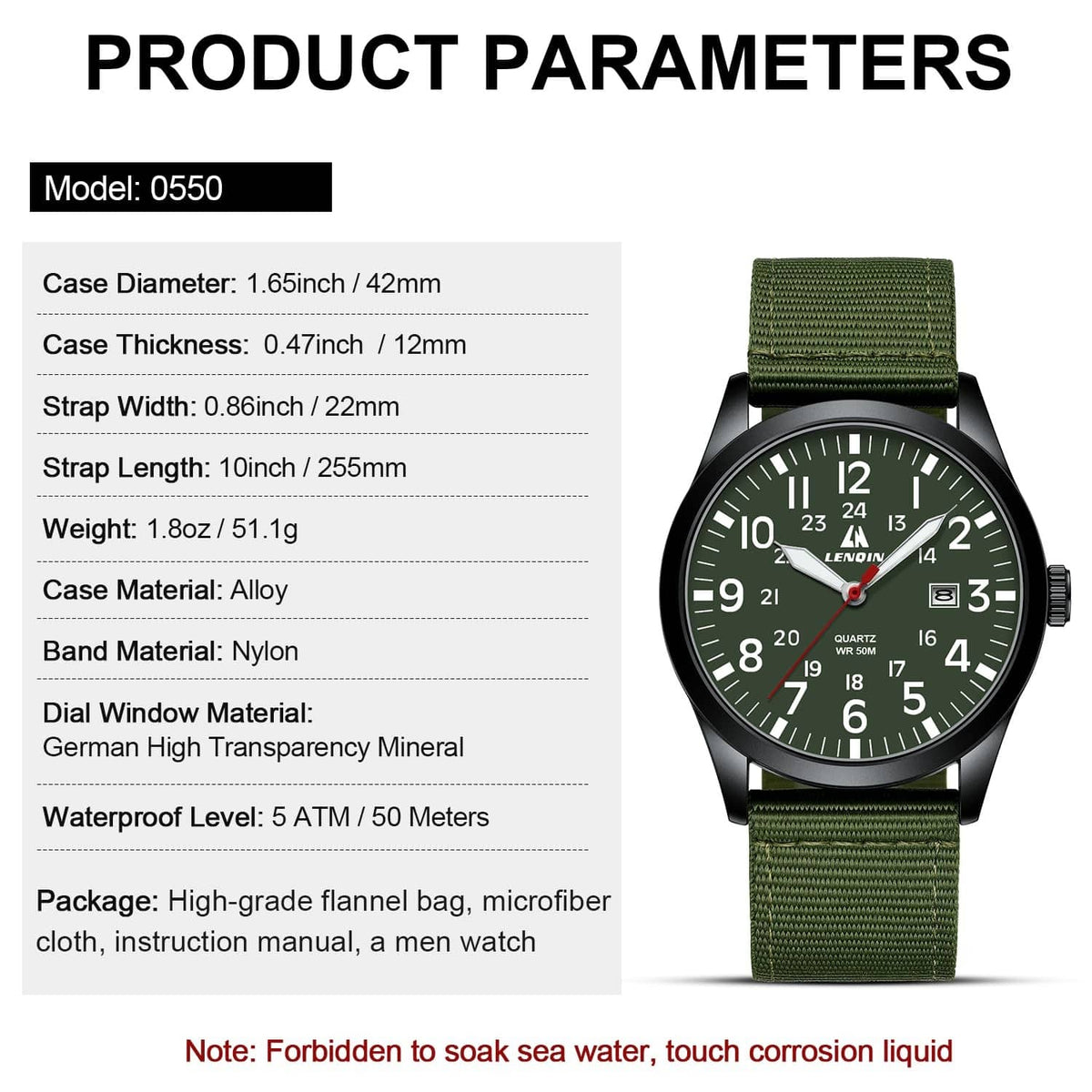 Men's military sport analog watch with green dial and green nylon strap shown with specs panel