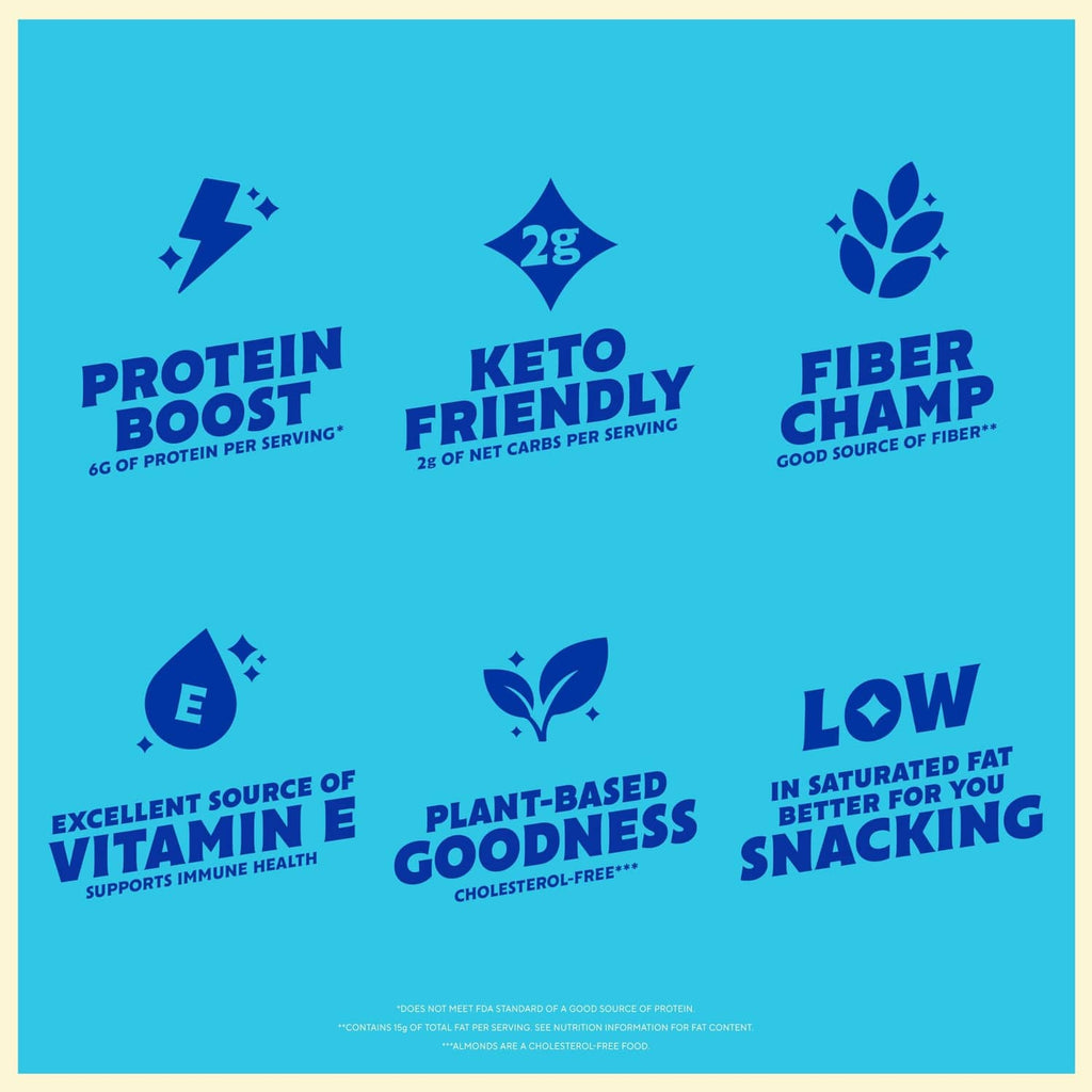Blue Diamond almond snack benefits graphic: protein boost, keto friendly, fiber