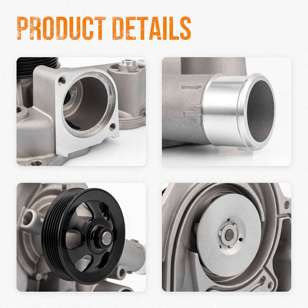 Water pump with sensor, close-up views of inlet housing, pulley, and seal area