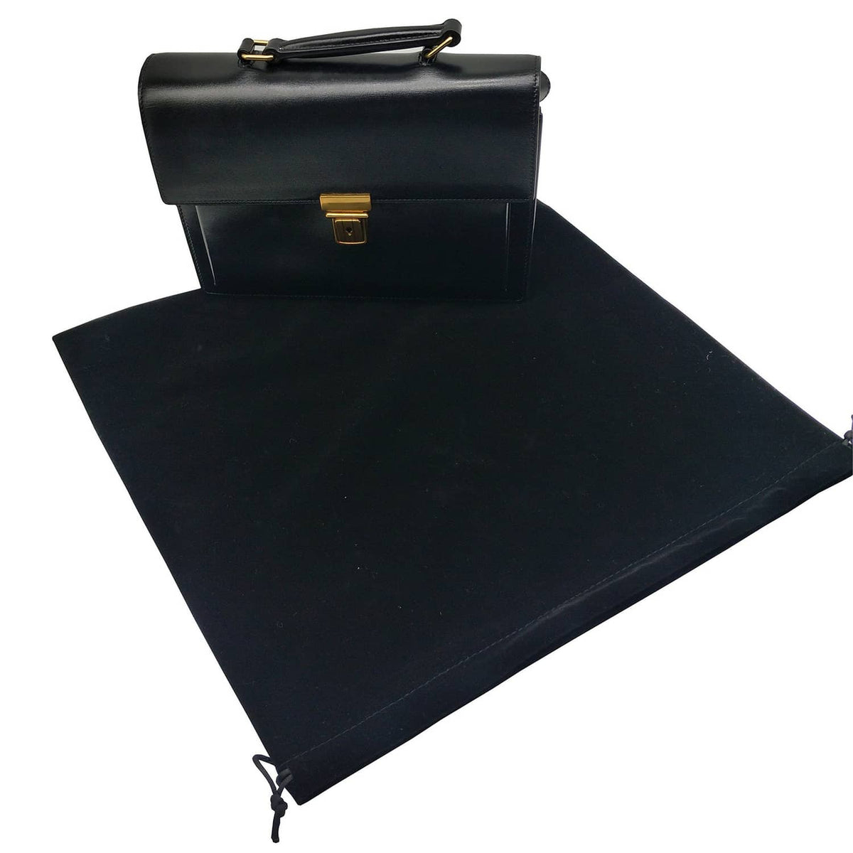 Large black velvet drawstring pouch bag laid flat with cord tie ends