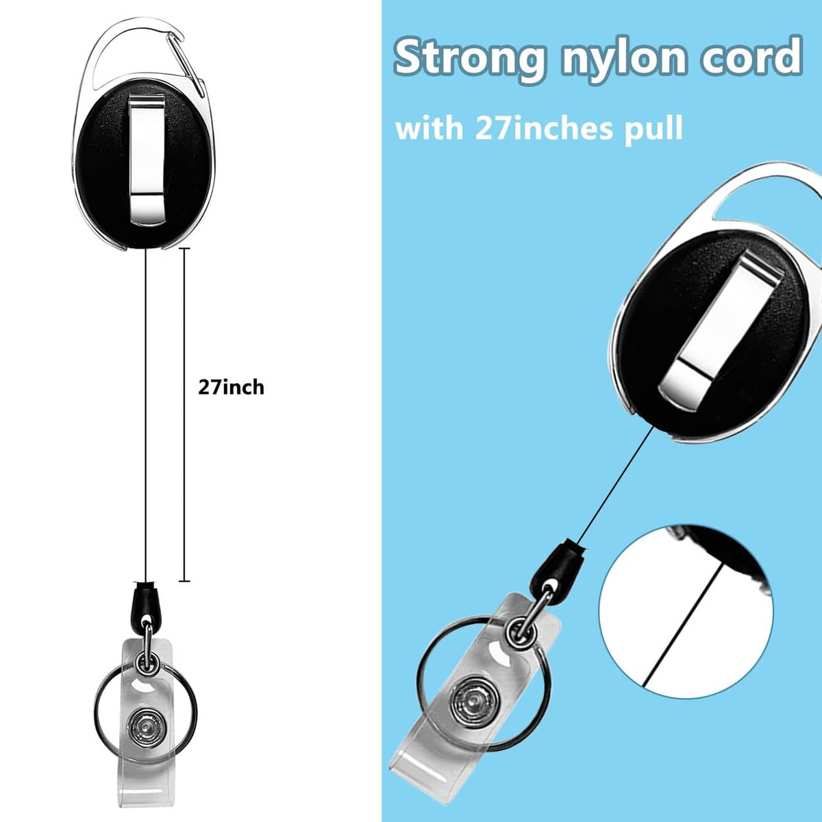 Black retractable badge holder with carabiner clip and extended 27-inch cord
