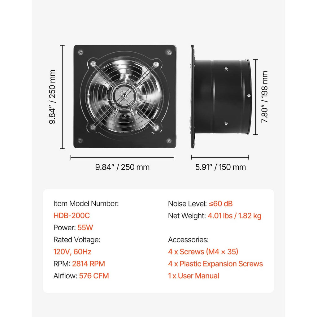Wall-mounted ventilation fan dimensions with front square grille and side duct size