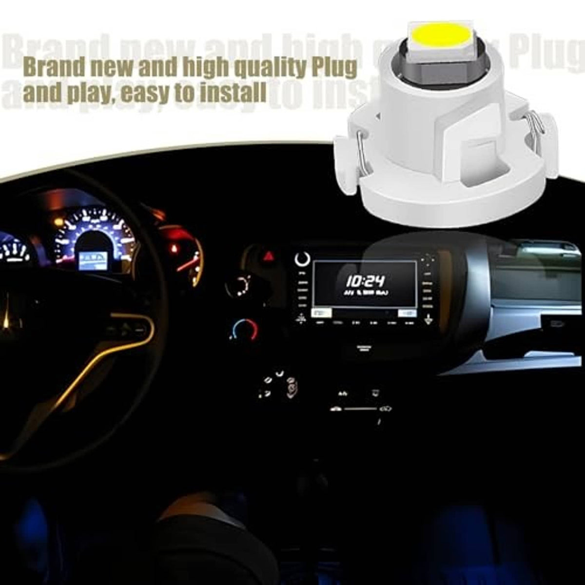 White plug-and-play LED wedge bulb with yellow LED lens in vehicle dashboard