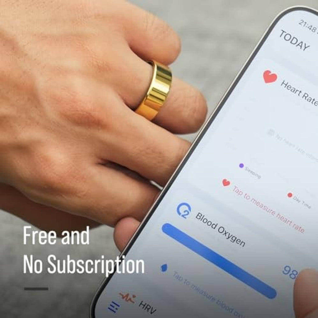 Gold smart ring on finger next to a phone app showing heart and blood oxygen stats